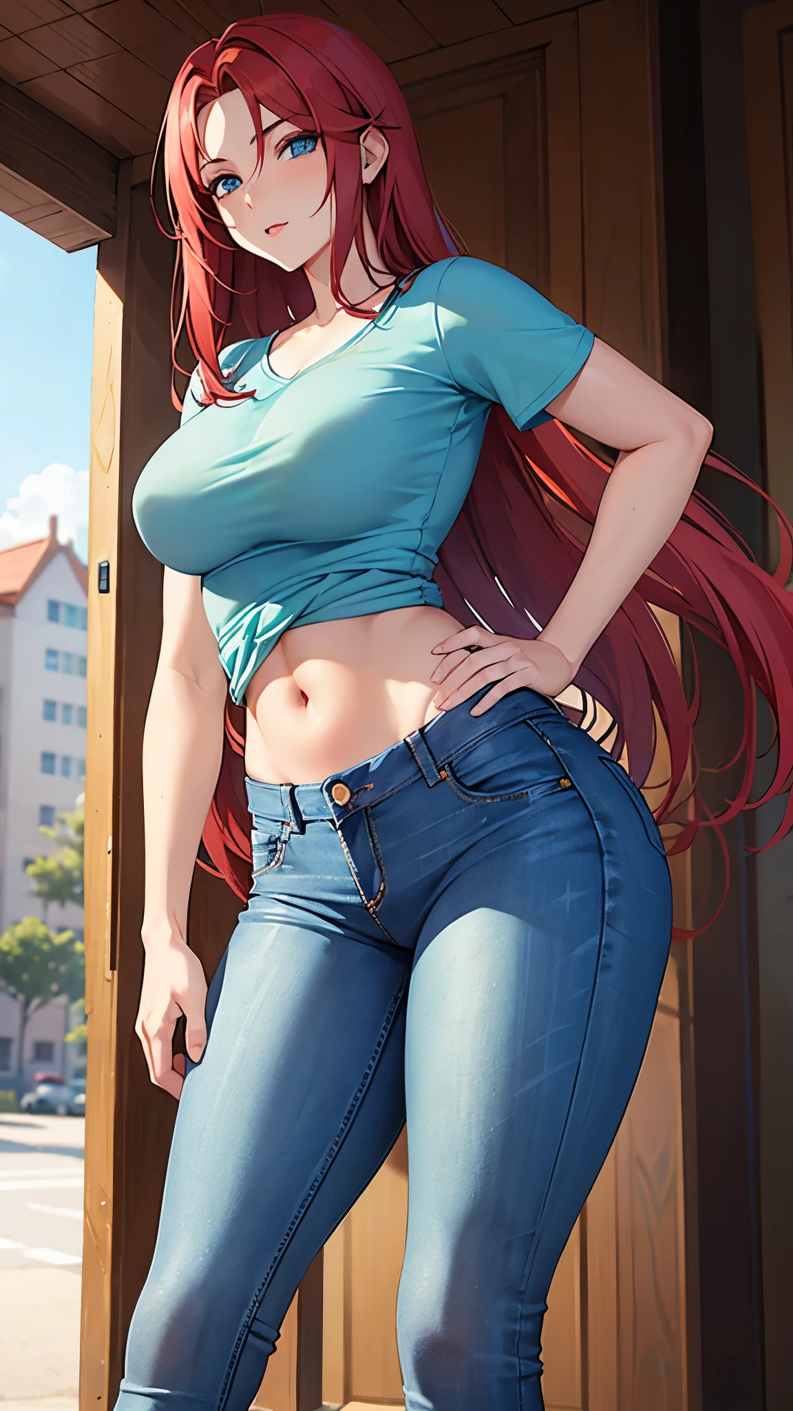 21 years old woman , long and smooth red tone hair, bright and expressive blue eyes, slim and toned figure, he opted for worn jeans, a mint color tietshirt. Busty. Booty