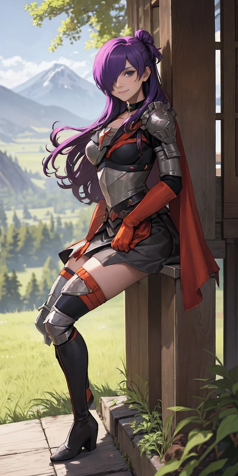 masterpiece, best quality, Shez, hair over one eye, choker, armor, cape, black dress, single glove, thigh highs, armored leg wear, orange boots, from side, standing, whole body, looking at viewer, smile, closed mouth, trees, mountains