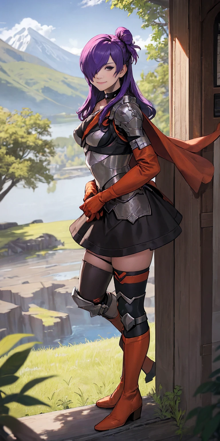 masterpiece, best quality, Shez, hair over one eye, choker, armor, cape, black dress, single glove, thigh highs, armored leg wear, orange boots, from side, standing, whole body, looking at viewer, smile, closed mouth, trees, mountains