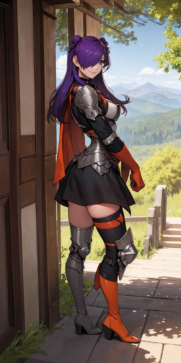 masterpiece, best quality, Shez, hair over one eye, choker, armor, cape, black dress, single glove, thigh highs, armored leg wear, orange boots, from side, standing, whole body, looking at viewer, smile, closed mouth, trees, mountains