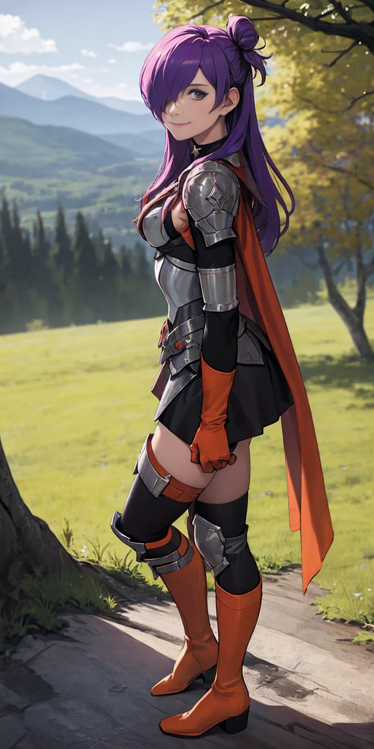 masterpiece, best quality, Shez, hair over one eye, choker, armor, cape, black dress, single glove, thigh highs, armored leg wear, orange boots, from side, standing, whole body, looking at viewer, smile, closed mouth, trees, mountains