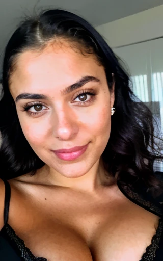 photograph, raw photo, beautiful 29 yo persian-russian girl [Vladlena Farideh|Anahita Oksana], just woke up, take a selfie in bed, see-through black night gown, thick, curly hair, detailed skin texture & pores, (goosebumbs:0.7), looking at viewer, closeup, film grain, smiling.