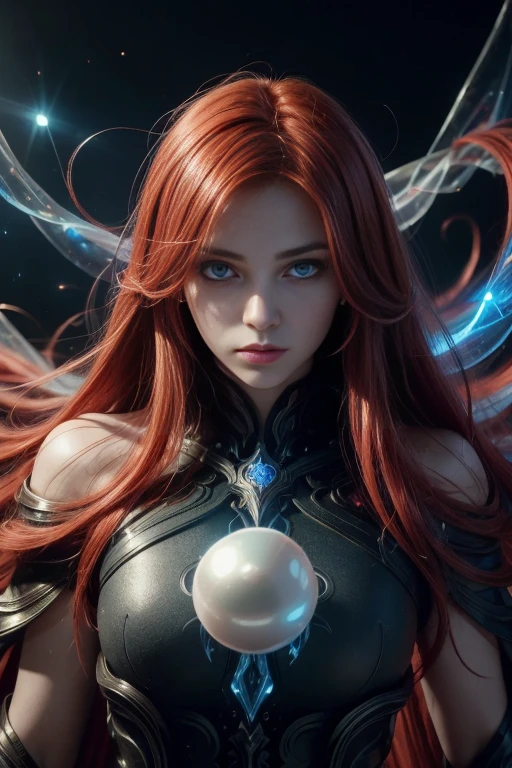 ((upper body)), best quality, masterpiece, a girl with ((Luminescence red hair)), ((detailed pearl blue eye)),perfect nose, high detailed goddess soul, focus on character, solo, (style swirl magic), solo, from front, front view, looking at viewer, detailed face, ((Luminescence Lighting Magic Circle theme)), perched on a ledge, tight neon body, light streaks, dark abyssal wanderer abstract, ((Simple Luminescence Neon Gown)), inscribed with mystical runes, outdoor dystopian background,