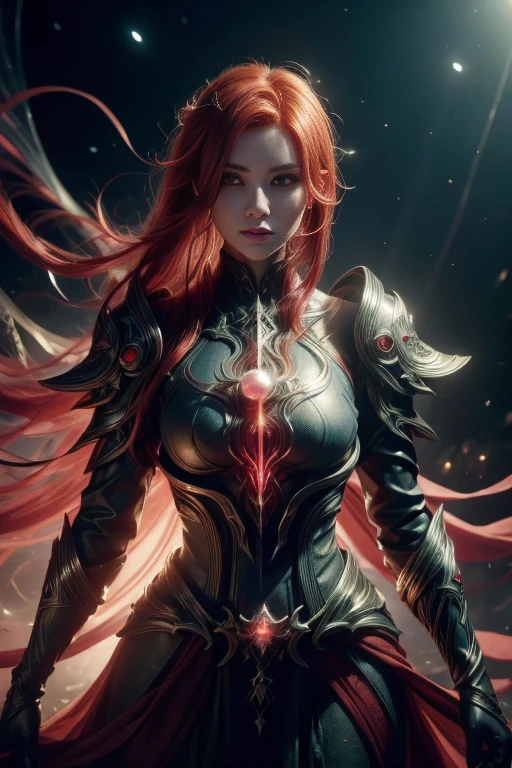 ((upper body)), best quality, masterpiece, a girl with ((Luminescence red hair)), ((detailed pearl blue eye)),perfect nose, high detailed goddess soul, focus on character, solo, (style swirl magic), solo, from front, front view, looking at viewer, detailed face, ((Luminescence Lighting Magic Circle theme)), perched on a ledge, tight neon body, light streaks, dark abyssal wanderer abstract, ((Simple Luminescence Neon Gown)), inscribed with mystical runes, outdoor dystopian background,