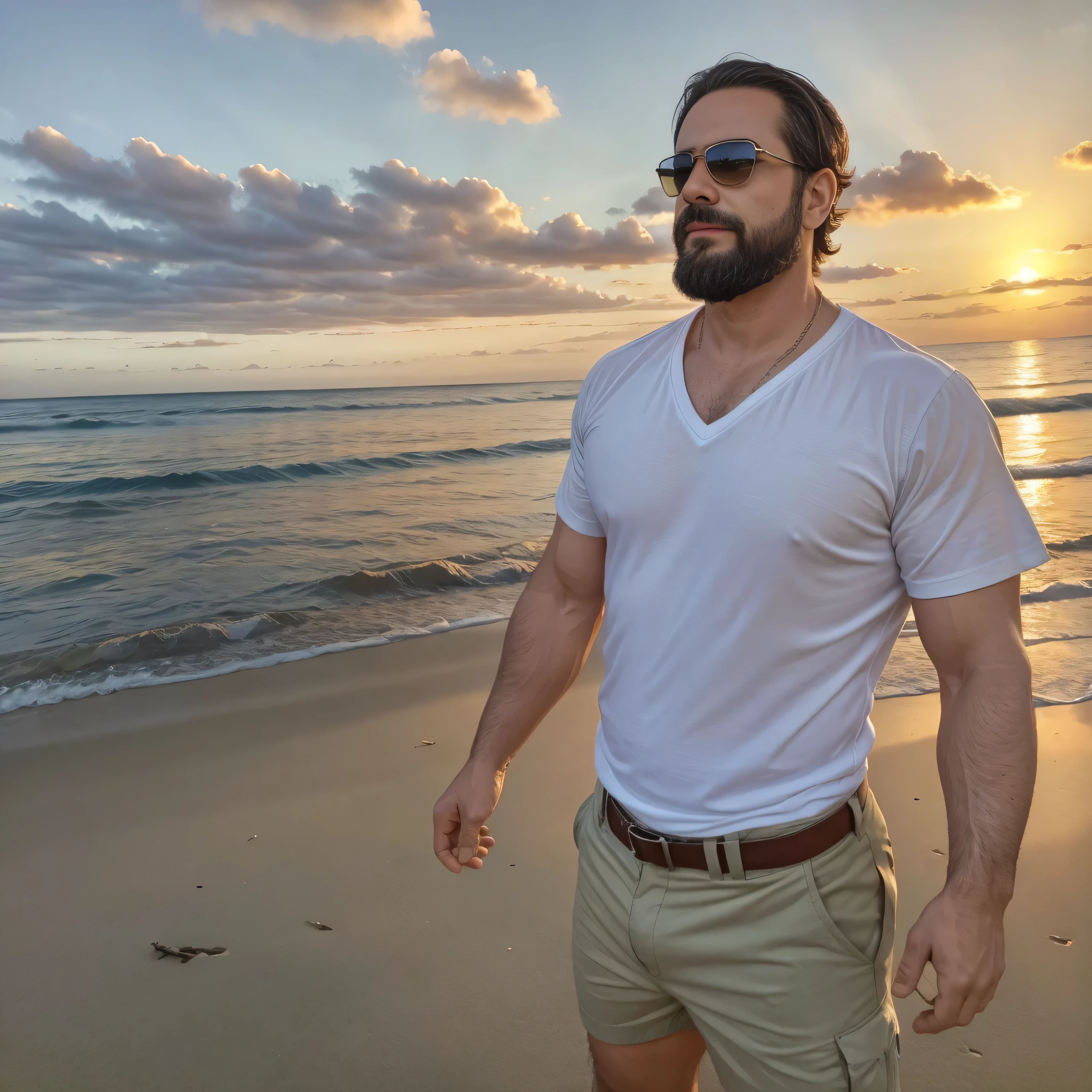 Create an ultra-detailed image of a 38-year-old man with a beard and sunglasses as the protagonist of a movie. La escena se desarrolla en una playa tropical durante el atardecer. The man is dressed in an open Hawaiian shirt over a white t-shirt and khaki shorts. He wears a relaxed expression as he walks along the shore, with the ocean and waves gently breaking in the background. La toma es de plano medio, focusing on the upper body. Around him, se ven palmeras inclinadas y algunos barcos de pesca en el horizonte. The sky is painted with warm shades of orange, pink and purple, reflecting in the crystal clear water. The atmosphere is calm and serene, con una brisa suave que hace ondear su camisa y los reflejos dorados del atardecer iluminando la escena.