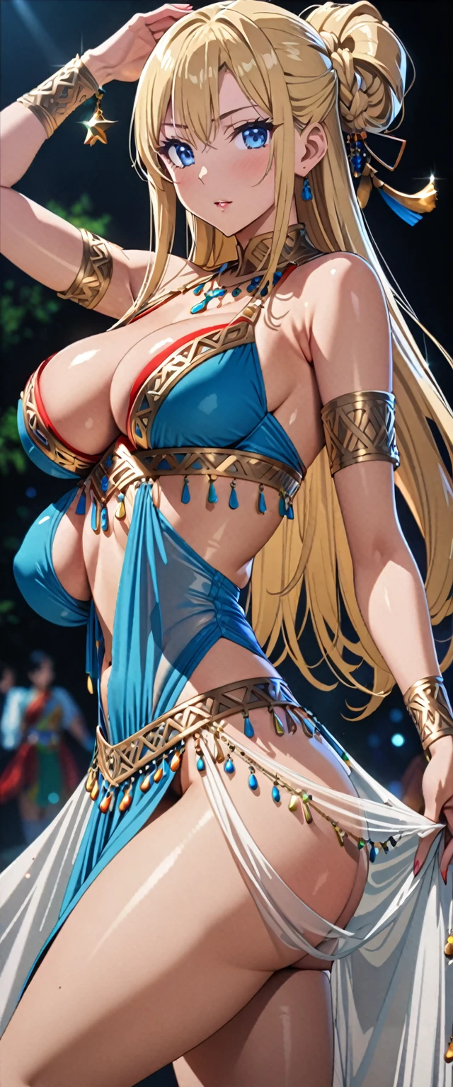 ((masterpiece)), ((high quality)), ((super detailed)), ((high resolution)) ,((8k)), a beautiful woman, ((She is one of the most famous female Gravure actress in the world.)), unparalleled beauty, ((huge breast)), ((large ass)), ((deep cleavage)), slim waist, chest out, ultra detailed face, perfect skin, (((Half-up hairstyle, Blonde straight hair))), blue eyes,  detailed eyes, whole body image, (((anime))), ((glamorous)), 24 years old, ((incredibly beautiful woman)), ((The I cup bust)),  ((((dancer, See-through Dancer's costume)))),  ((beautiful breasts)), beautiful legs, 8 life size, anime, the most beautiful and strongest, ((charm)), ((Grown-up face)), ((Bewitching)), Sexy pose, ((Fantasy)),