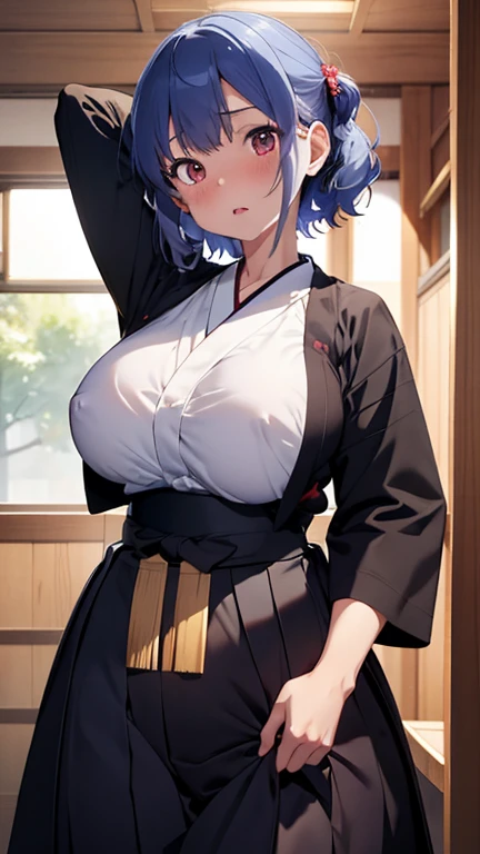 mastute piece,Best Quality,insanely detailed,8k cg,nsfw,
shoot upper body,(body in front:1.1),
1girl,standing,looking at viewer,Proudly、(upright:1.3),(Kyudo、Hunched、Hakama、plate),
break,blush,shy,(trembling:1.2),break,(light blue hair),(large breastShort:1.2、(open mouth:0.9),(Kyudo場),