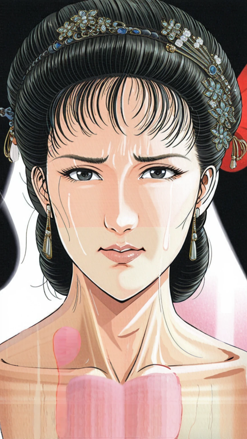 (best quality), (very aesthetic), (ultra-detailed), (best illustration),(a mature female),(perfect face),Suikoden,Mrs. Lin,(NSFW),((full_body)),((full_nude)),((Are crying)),Hands covering mouth,Pregnancy discovery,red cheek,sweating,skinny,flushed skin,hairly pussy,There is white semen all over the body,There is white semen on the lips,chinese traditional bed room,