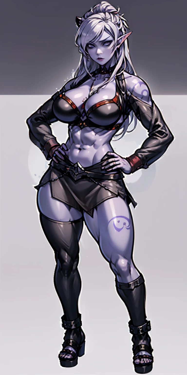 (Masterpiece, grey background:1.2) full body standing straight symmetrical looking to the viewer, view from below, far shot, cow boy shot, purple skin, drow, elf, 1girl, mature, purple eyes, pinched eyes, short silver white hair cut (yellow tiger bikini print long sleeves and long stockings) abs, navel, big knockers, tatter rags, leather choker, chain collar, stomach tattoo (red tattoo) hands on hips, wide hips, thick thighs, metal sandals