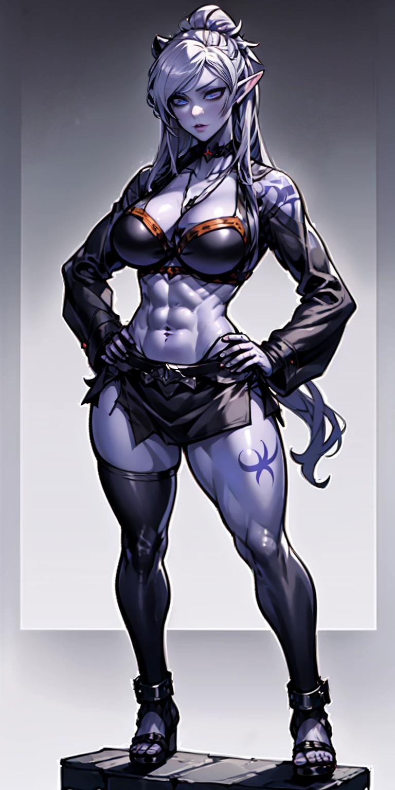 (Masterpiece, grey background:1.2) full body standing straight symmetrical looking to the viewer, view from below, far shot, cow boy shot, purple skin, drow, elf, 1girl, mature, purple eyes, pinched eyes, short silver white hair cut (yellow tiger bikini print long sleeves and long stockings) abs, navel, big knockers, tatter rags, leather choker, chain collar, stomach tattoo (red tattoo) hands on hips, wide hips, thick thighs, metal sandals