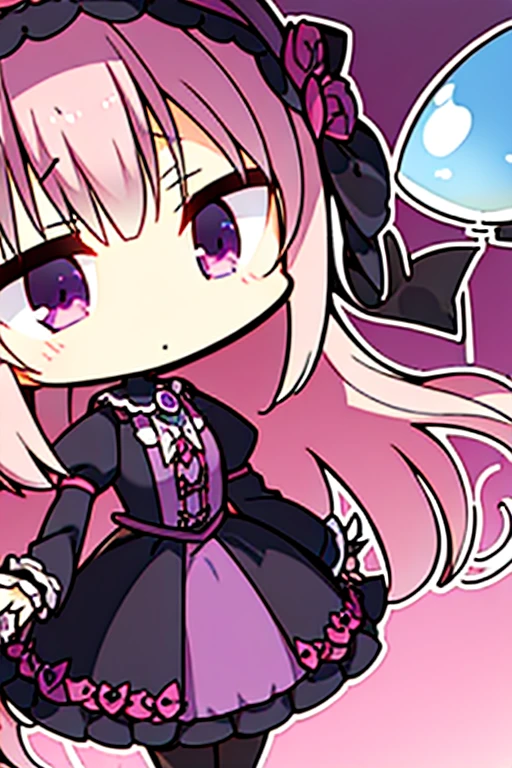 A pink haired woman with violet eyes and an hourglass figure in a Gothic lolita dress is exploring a mauseleum