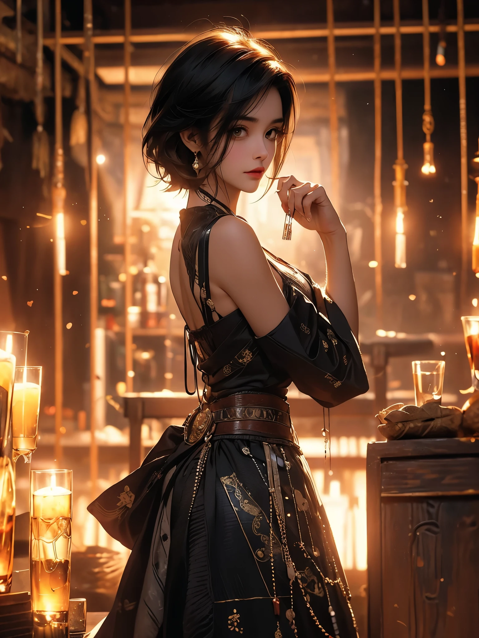 Short-haired female cowboy in a saloon in the Old West,loiro,sentado,Cachimbo,mesa Wisky,Piano,6 bullet revolver,Barril,mesa,cartas de jogar,dust,obra de arte,3D,4k,detalhado,realista