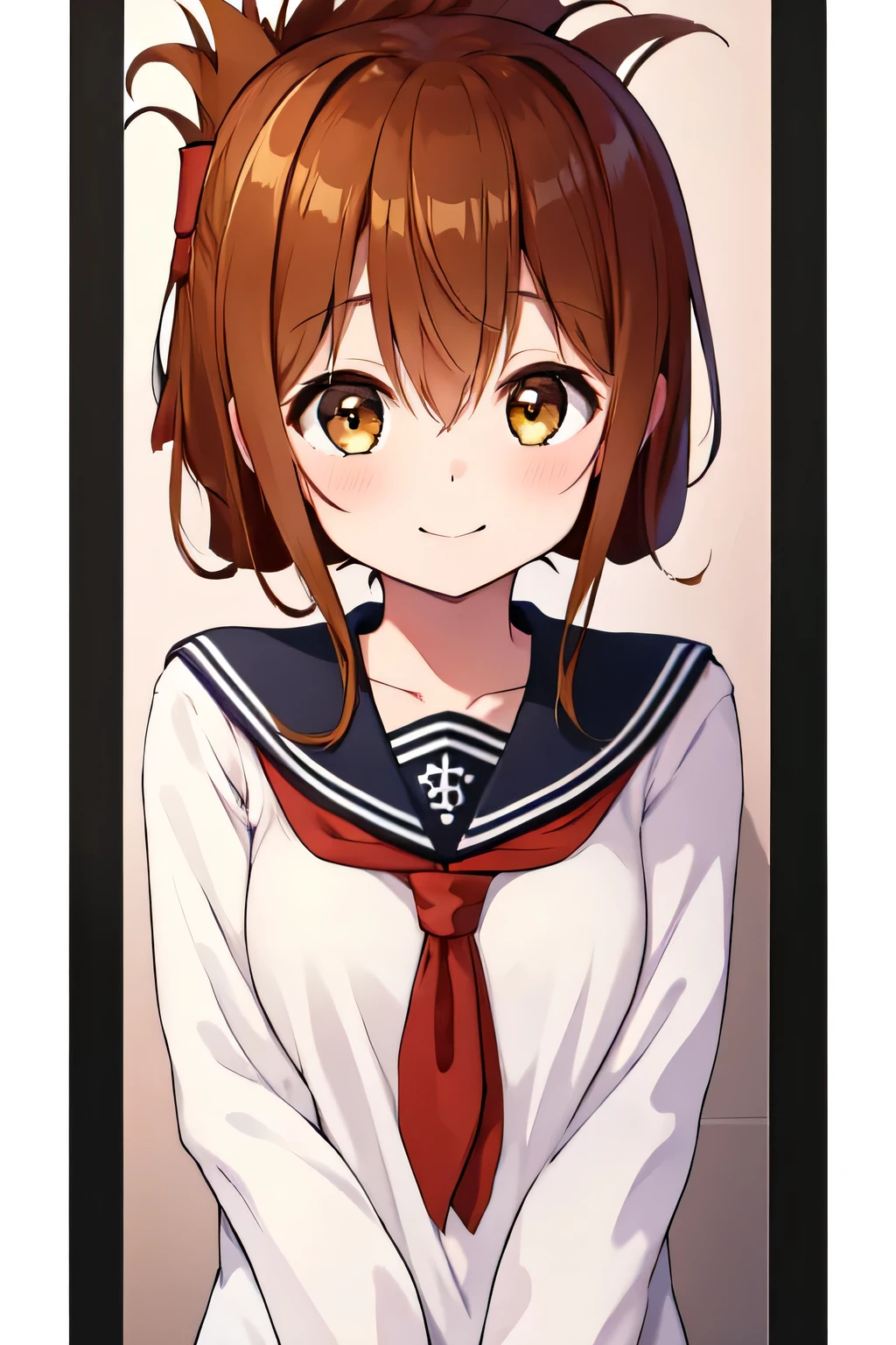 Tabletop, highest quality, 8k_wallpaper, (beautiful eye), ((cute)), cute, (Lovely), (((Sunny day pro wrestling))),1 girl,,1 ,smile(masterpiece, highest quality:1.2),figure,8k,High resolution,One girl,alone,Upper Body,(Portraiture:1.2),Brown_hair,Folded_ponytail,Brown_eye,serafuku,length_hair,School_uniform,Interested in white bikinis?,Are standing、Facing forward、(The background is professional wrestling)