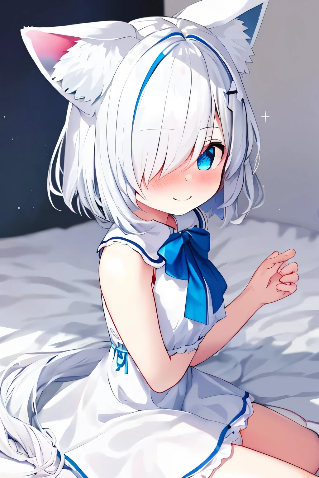 1girl, fox ears, blue eyes, white hair, hair over one eye, from side, pov, sitting, bed sheet, light, nose blush, light smile, white dress, blue bow, sparkle,