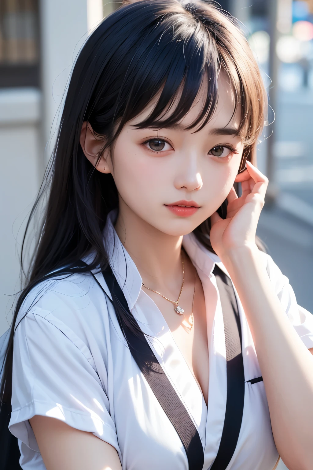 (1 nogizaka girl,raw photo,photo realistic:1.5),(best quality, high quality,HDR, highest quality,ultra high resolution,high resolution,high res,ultra high difinition,huge file size,8K,2K wallpaper,8K wallpaper,high quality texture,amazing,an extremely delicate:1.4),one girl, Japanese famous idol,beautiful face,small face,absurd,ridiculous,incredibly ridiculous,portrait,breasts close up,blurry background,(school uniform,cleavage,no makeup:1.2),(six_heads tall),medium skin,beautiful skin,detailed skin,six heads tall,black hair,silky hair,(Japanese eyes:1.3),detailed eyes,black eyes,Japanese idol eyes,triangle eyes,Japanese nose,5-fingers,(Light Particles, Lens Flare, Luminous Particles: 0.7),looking at viewer,bright lighting,professional lighting,girl
