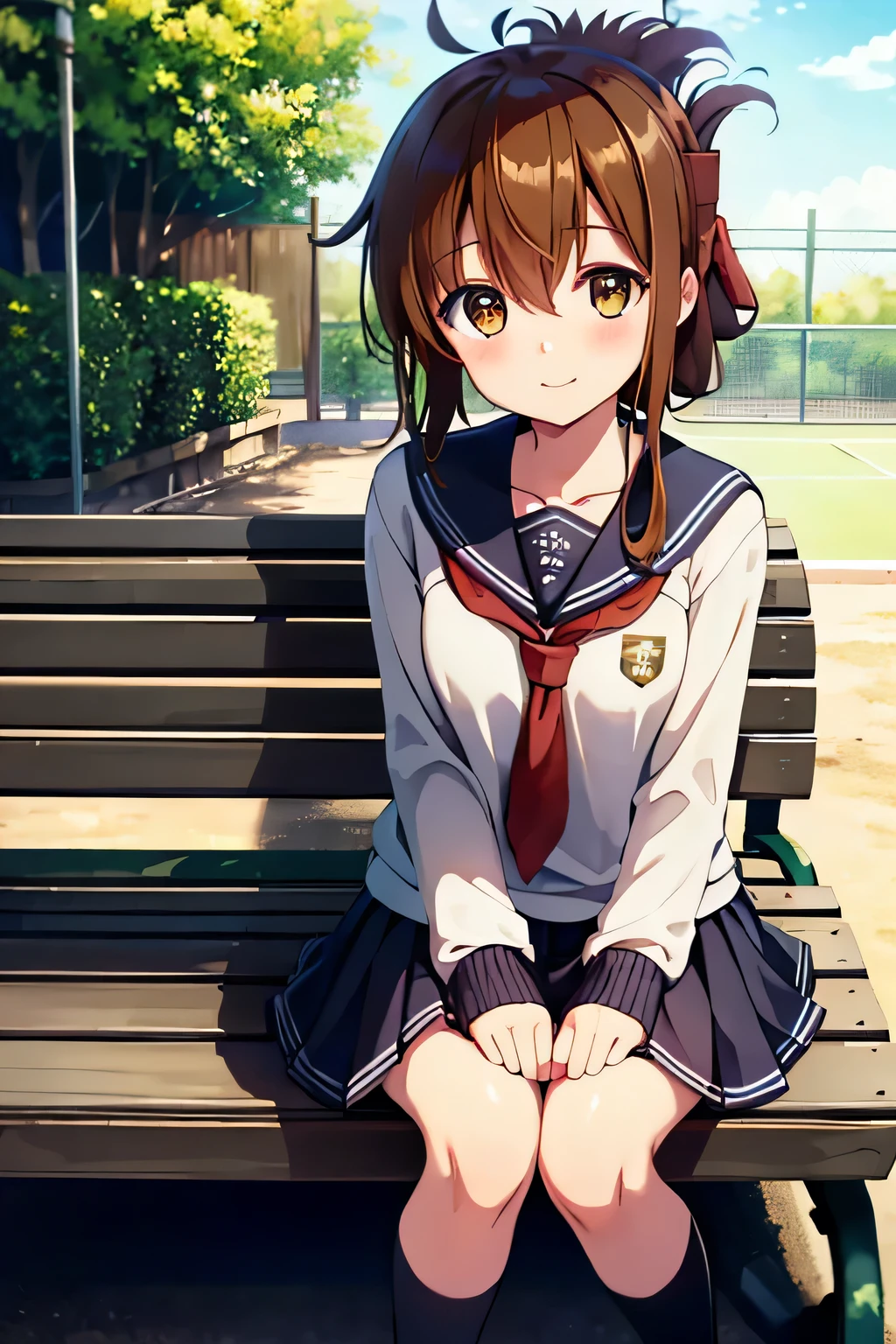 Tabletop, highest quality, 8k_wallpaper, (beautiful eye), ((cute)), cute, (Lovely), (Tennis court on a sunny day),1 girl,,1 ,Stand next to the car,smile,Face close-up、Portraiture(((Tennis court)))(((Tennis Wear)))(((Sit on a bench and relax))),(masterpiece, highest quality:1.2),figure,8k,High resolution,One girl,alone,Upper Body,(Portraiture:1.2),Brown_hair,Folded_ponytail,Brown_eye,serafuku,length_hair,School_uniform,skirt,Pleats_skirt,