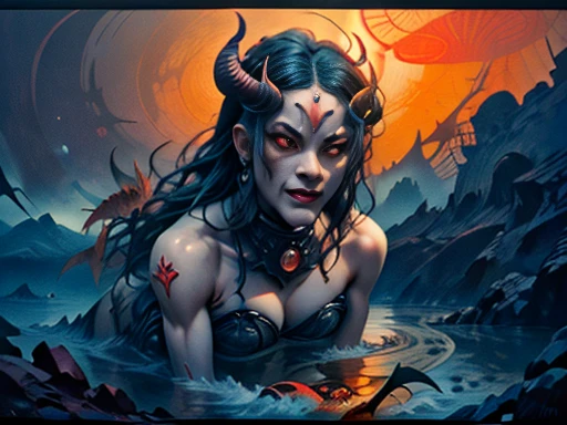 (Demon face and carp body:1.9)A giant mermaid with、Climbing a raging river、(Ukiyo-e:1.9)、woodblock print、Another landscape、grotesque、Intricate details、Bright colors、Dramatic lighting、Surreal atmosphere、aquatic environment、Fantasy creatures、Dynamic pose、(highest quality、8k、High resolution、masterpiece: 1.2)、Super detailed、(Real、Photorealistic、Photorealistic: 1.37)