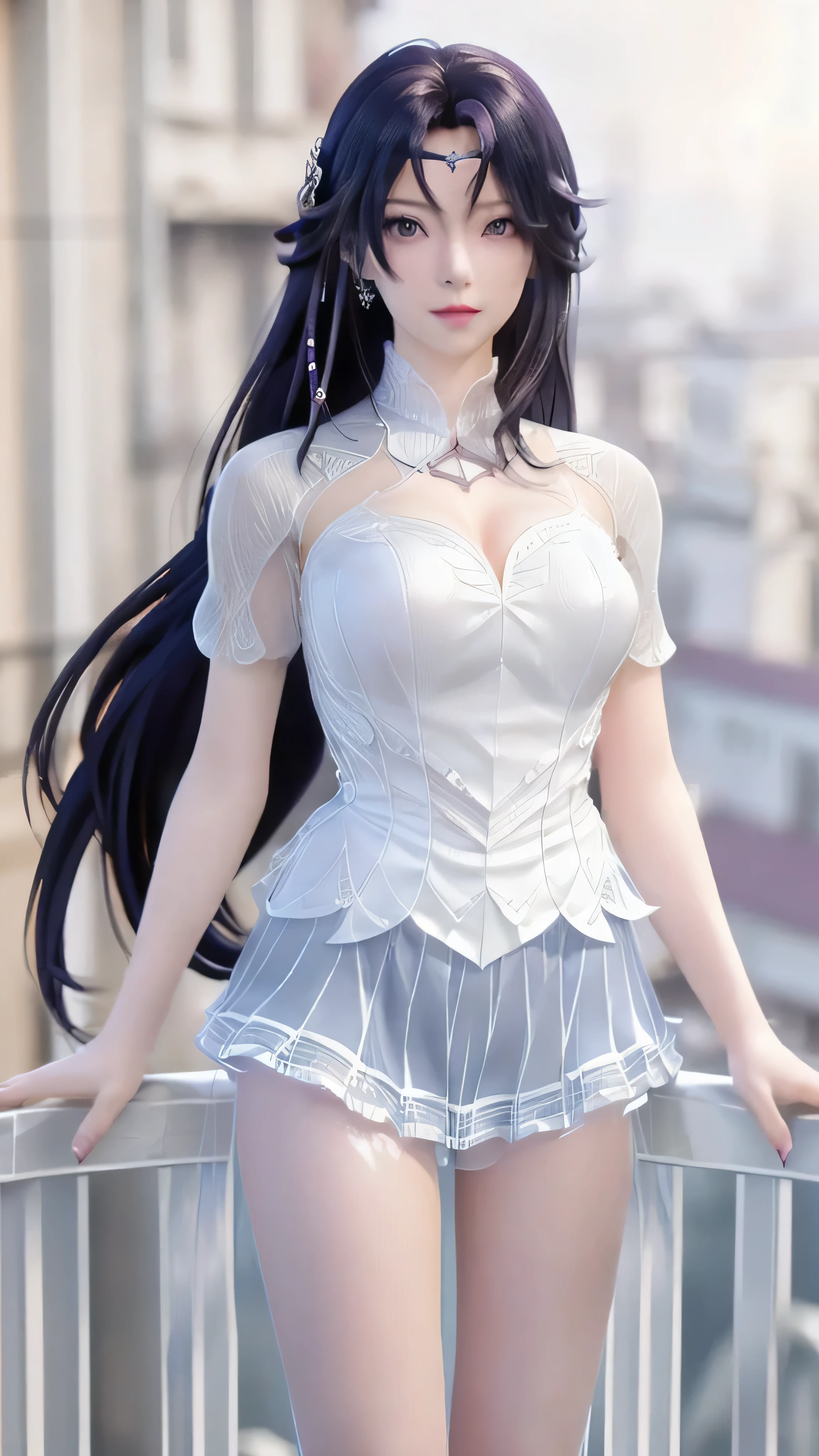 a close up of a woman with long black hair posing on a balcony, realistic anime 3 d style, beautiful alluring anime woman, beautiful anime woman, seductive anime girl, attractive anime girl, anime girl in real life, 3 d anime realistic, beautiful anime girl, realistic anime, photorealistic anime, realistic young anime girl, tifa lockheart, hyper realistic anime