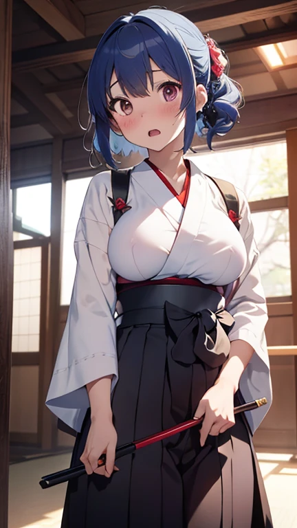 mastute piece,Best Quality,insanely detailed,8k cg,nsfw,
shoot upper body,(body in front:1.1),
1girl,standing,looking at viewer,Proudly、(upright:1.3),(Kyudo、Hunched、Hakama、breastplate),
break,blush,shy,(trembling:1.2),break,(light blue hair),(large breasts:1.1),Short:1.2、(open mouth:0.9),(Kyudo場),