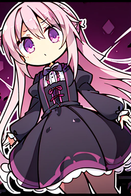 A pink haired woman with violet eyes and an hourglass figure in a Gothic lolita dress is spinning her scythe