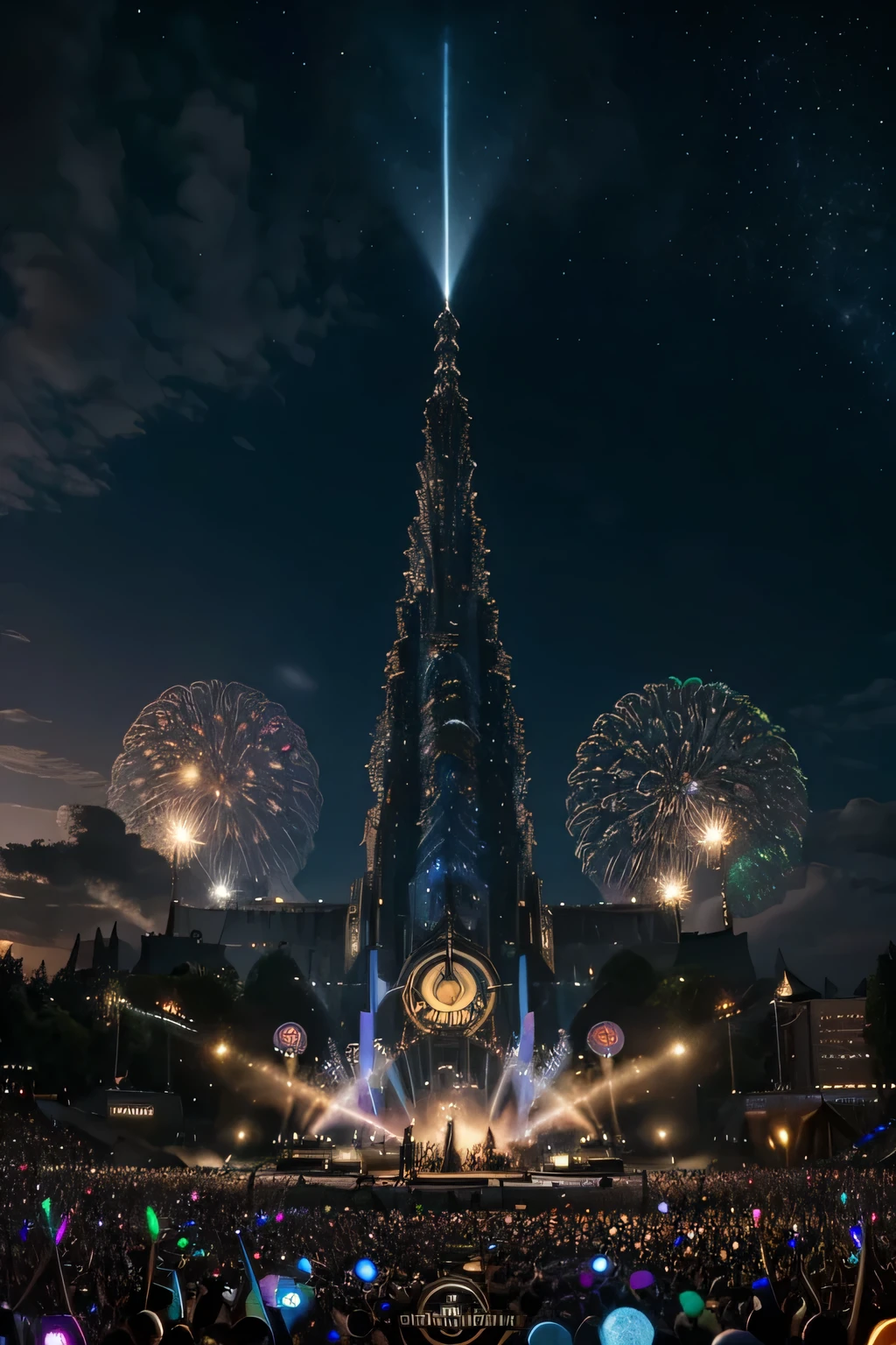 ### Detailed Description of a Tomorrowland Poster
#### **Main title:**
**Tomorrowland**
*The World's Biggest Electronic Music Festival*
#### **Encabezado:**
**Experience the Magic of Music**
#### **Fondo:**
- **Cielo Nocturno Estrellado:** The poster background features a starry night sky, giving a feeling of immensity and wonder.
- **Efectos Luminosos:** Hay haces de luz multicolores que cruzan el cielo, simulating stage lights and lasers usually seen at festivals.
- **fantastic landscape:** At the bottom of the poster, An imaginary landscape is drawn with rolling mountains and an illuminated futuristic city, evoking a fairy tale atmosphere mixed with technology.
#### **Elementos Principales:**
- **Logo de Tomorrowland:** En el centro superior, Tomorrowland's iconic logo with its wings and crown stands out in shiny gold and silver colors, symbolizing the majesty and spirit of the festival.
- **Escenarios Principales:** Images of the most famous stages of the festival, como el Mainstage, with its impressive themed architecture and gigantic LED screens, are integrated into the sides of the poster.
- **DJ's in Action:** Siluetas de DJ's famosos en sus sets, con los brazos levantados y la multitud vibrante, strategically placed on the poster to convey the energy and excitement of the event.
#### **Detalles del Evento:**
- **Fechas:** En la parte superior derecha, en letras llamativas y futuristas:
**July 26 - 28, 2024**
- **location:** Debajo de las fechas, en un estilo elegante:
**Boom, Belgium**
#### **Texto Adicional:**
- **Inspiring Description:**
*Join thousands of music lovers from around the world for an unforgettable journey into the heart of electronic music. Feel the beat, experience the magic, and be part of the Tomorrowland family.*
- **Atracciones Destacadas:**
- *Mainstage Extravaganza*
- *Fairytale Forest*
- *Mystic Mountains*
- *Dreamville Camping Ex