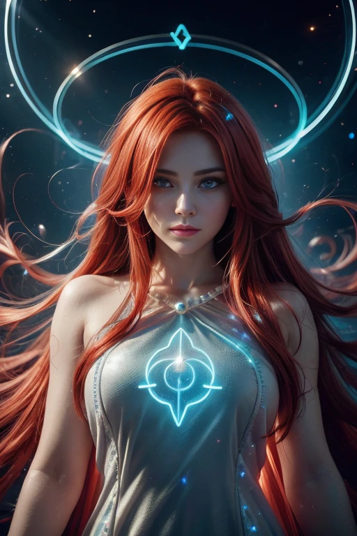 ((upper body)), best quality, masterpiece, a girl with ((Luminescence red hair)), ((detailed pearl blue eye)),perfect nose, high detailed goddess soul, focus on character, solo, (style swirl magic), solo, from front, front view, looking at viewer, detailed face, ((Luminescence Lighting Magic Circle theme)), perched on a ledge, tight neon body, light streaks, light magical wanderer abstract, ((Simple Luminescence Neon Gown)), inscribed with mystical runes, outdoor magical background,