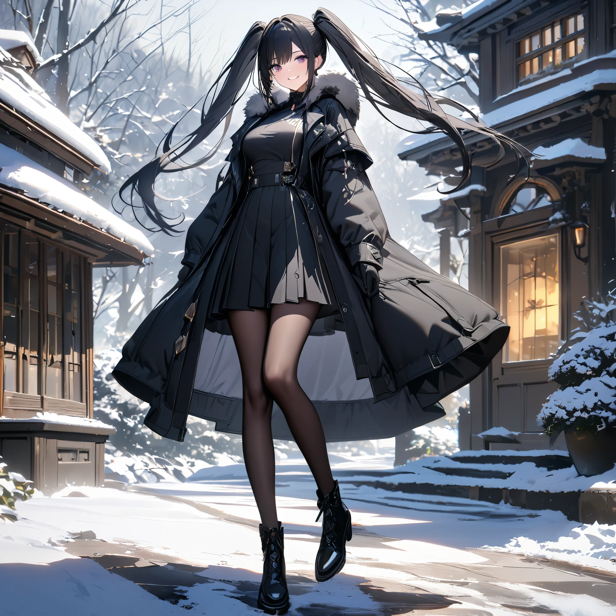 A woman wearing a luxury black coat with white details, black skirt, black tights, black leather boots, long black hair, pigtails, black gloves, burgundy eyes, smiling, walking on a modern concrete sidewalk, atmosphere of Winter in place with trees and house covered in snow, full body.shadow, flower, UHD, masterpiece, accurate, anatomically correct, textured skin, super detail, high quality, best quality, 8k, high resolution, bokeh effect.( solo woman)
