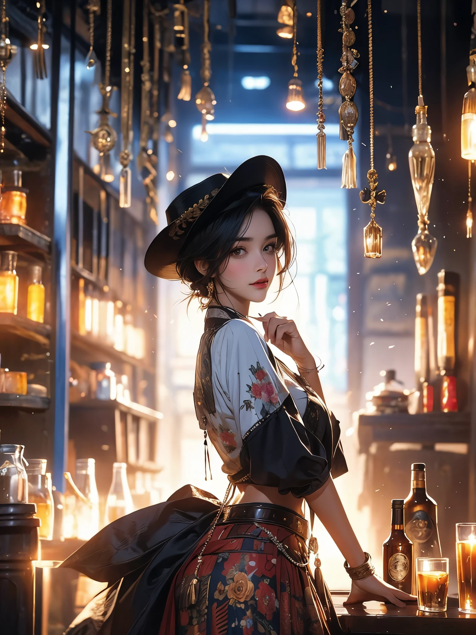 Short-haired female cowboy in a saloon in the Old West,loiro,sentado,Cachimbo,mesa Wisky,Piano,6 bullet revolver,Barril,mesa,cartas de jogar,dust,obra de arte,3D,4k,detalhado,realista