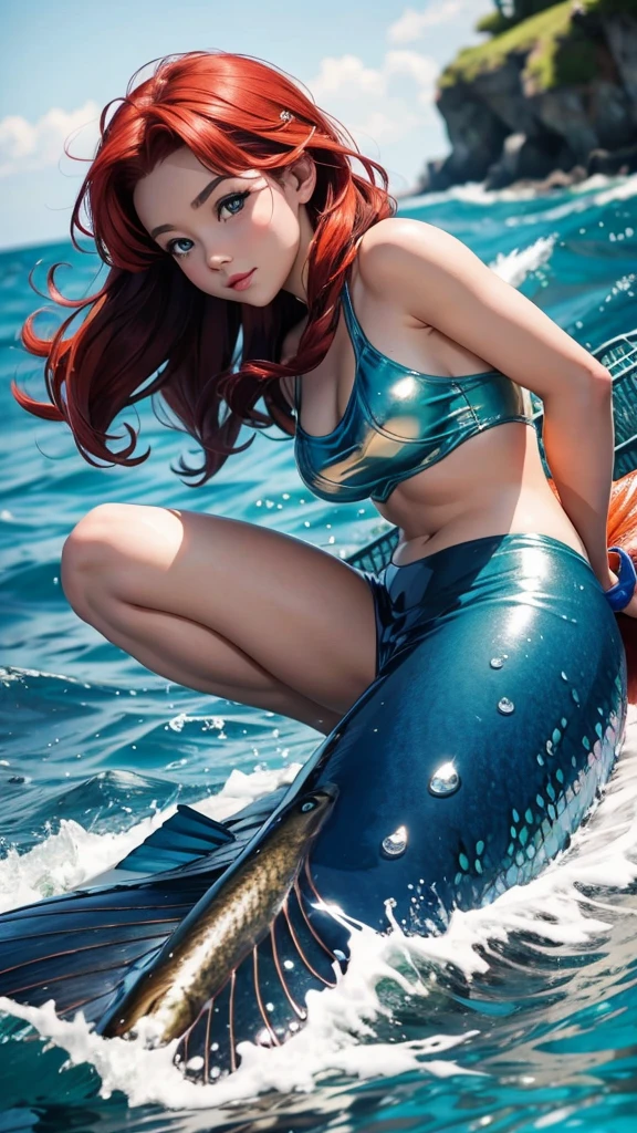 Ariel the beautiful mermaid,
((Face details)),
(((mermaid:1.5))),
((shy smiling facial expression, coquettish style, attracts men's attention)),
((rosy cheeks)), ((naturally beautiful face)),
(((very long red hair:1.4))),
((full body)), ((NSFW)),
(((Big breasts: 1.5))), ((small pink nipples:0.9)),
(((in water 1.4))),
((background of the sunken wreck of the Titanic:1.4)),
(Works: 1.2).