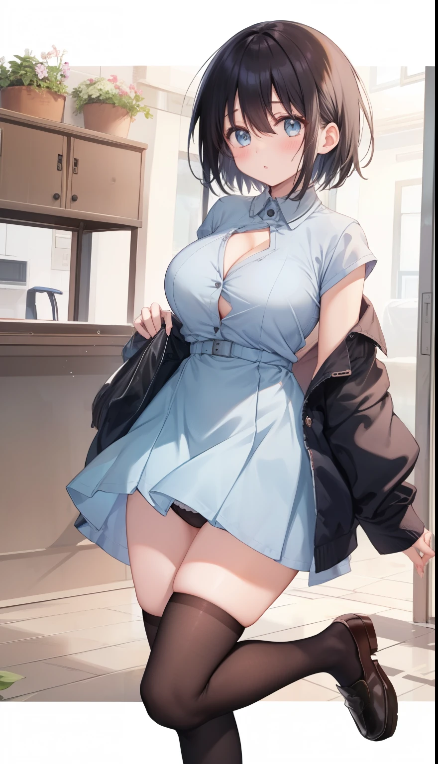 One Girl、positive、Standing posture、Full body portrait、Black Hair、Medium Haircut、blush、Absolute area、Black knee-high socks、Knee-length、stockings、White underwear、Light blue dress、(Very large breasts)、Cleavage、((Lesbians around the world))、masterpiece、(highest quality)、
Panties around the ankles、Black Loafers、Shirt buttons fly off、Unbutton your shirt、Exposing the breasts、Bare your breasts