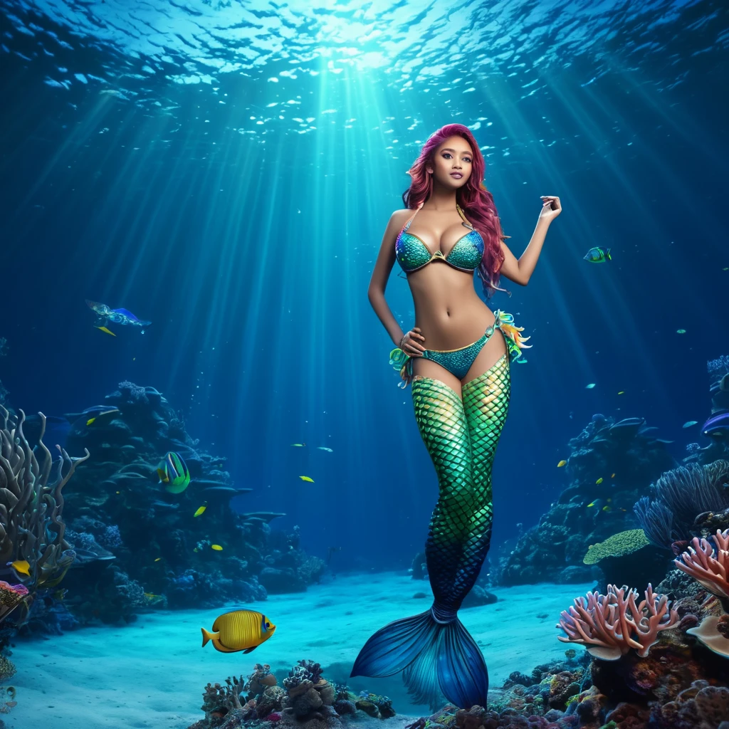 a beautiful mermaid princess, (malaysian, age 25, busty, broad hips, ornate hair, sea creature bikini, long colorful hair, big eyes), coral reef, sea creatures paying homage, (best quality,4k,8k,highres,masterpiece:1.2),ultra-detailed,(realistic,photorealistic,photo-realistic:1.37),highly detailed, intricate, vibrant colors, glowing bioluminescent lighting, underwater fantasy, cinematic lighting, dramatic composition