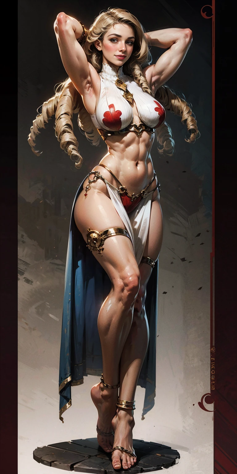 A mature juicy MILF BIMBO STANDING SYMMETRICAL pose on 2 legs foot focus anklets on knees, BAREFOOTED toes clenched foot soles, 1个Giant Breast Girl, The beautiful, perfect litthing, musculous, upper legs, a matural female, A MILF, navel, abs six packed strong, looking at the viewer, goddess, lustful smirking smile face red blushed, The chest is unusually large, maternal love, porcelain skin, very long hair, curlies, glossy skin, both hands behind head, shaved armpits