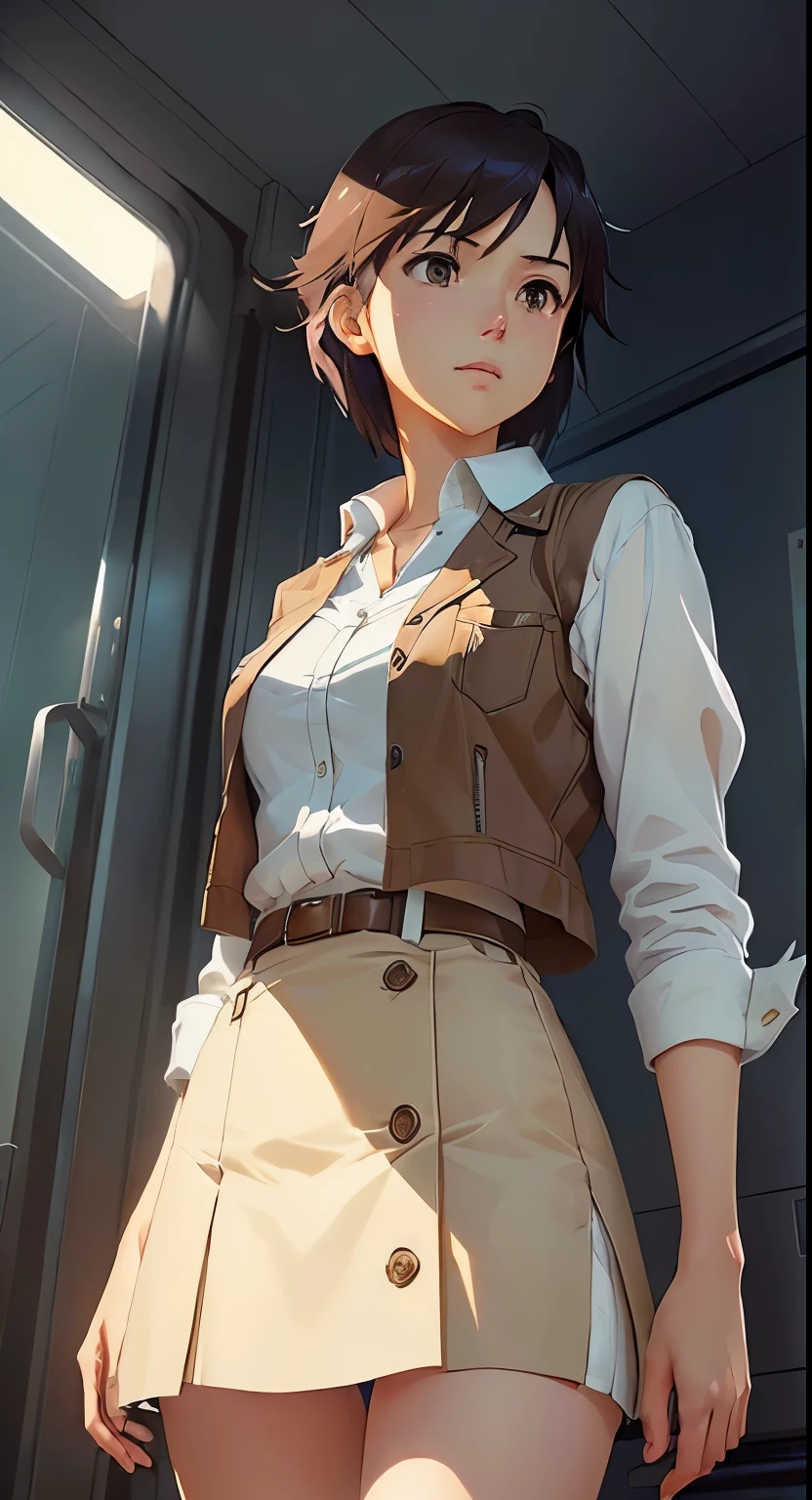 A western-style girl wearing a white shirt, brown skirt and brown vest, Makoto Shinkai. （Female Space Detective Annie：１.6 is『trinket』、Naomi Morinaga、White panties、Beautiful panties、Digital Rendering, a Surreal , Surreal , Makoto Shinkai and artgerm, Smooth anime CG art, Makoto Shinkai. High detail, Painted in an anime artist&#39;s studio, Makoto Shinkai ( Apex Legends ), Very detailed fan art