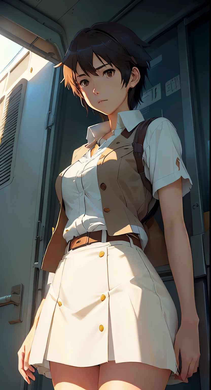A western-style girl wearing a white shirt, brown skirt and brown vest, Makoto Shinkai. (Female Space Detective Annie:1.6 is『trinket』、Naomi Morinaga、White panties、Beautiful panties、Digital Rendering, a Surreal , Surreal , Makoto Shinkai and artgerm, Smooth anime CG art, Makoto Shinkai. High detail, Painted in an anime artist's studio, Makoto Shinkai ( Apex Legends ), Very detailed fan art