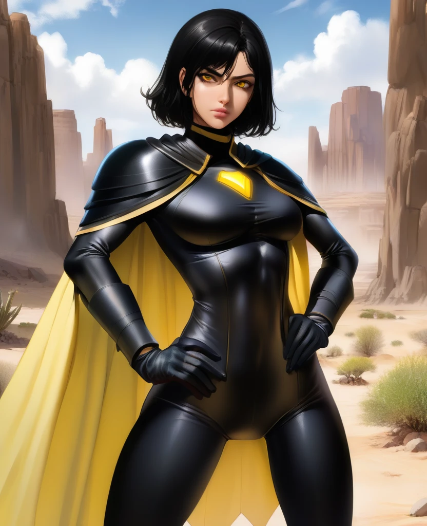 score_9,score_8_up,score_7_up,score_6_up,source_anime, 2d, Trilla,black hair, yellow eyes, black bodysuit, armor, cape, gloves, black pants, looking at viewer, serious, medium shot, standing, hands on hips, outside, desert, sunny,
