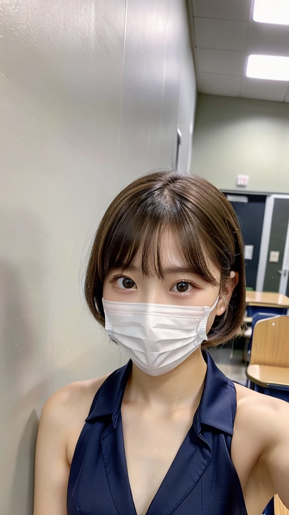 ((8K quality、professional、highest quality、masterpiece：1.3))、solo、Real、Photorealistic、Portrait、Slender Abs:1.2、Very cute 12-year-old elementary school student、((Flat Chest:1.4、AA cup、Skinny Beautiful Girl:1.4))、((Completely naked、Wearing a black mask、Dress shirt:1.3))、((black mouse mask))、School:1.4、Platinum Blonde Hair、Silky straight shorthair、Beautiful Bangs、Delicate and cute 12-year-old beautiful girl、Slim fit、Skinny body、Beautiful detailed eyes、 Attractive big eyes、Beautiful detailed nose、The best beauty、Elementary school student taking a selfie、Selfie