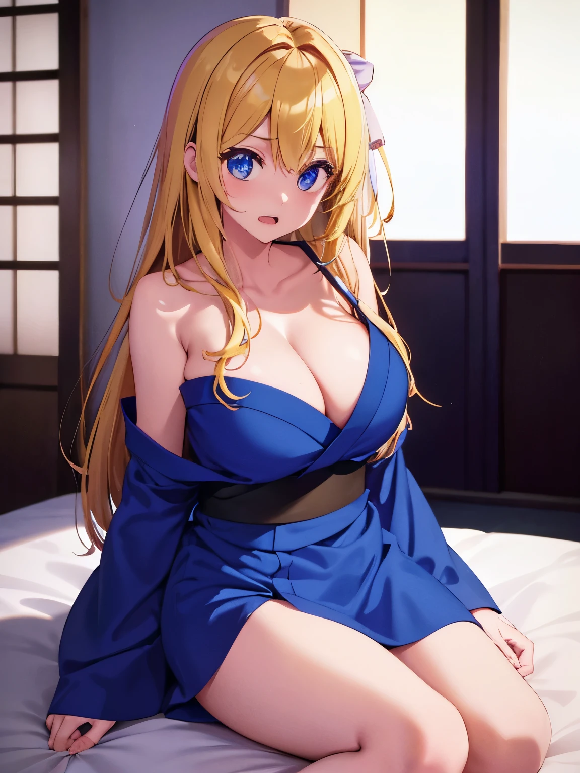 1woman,Sitting in bed, in Japanese house, night, stunning,close up photo,Shocked expression, surprised expression, teeth showing, very detailed face,cute,,HD face, perfect face, blue kimono,short kimono, cleavage visible,Very big breasts,Blonde hair,blonde hair,bangs,long hair,ultra detail,ultra Hd, masterpiece,4k