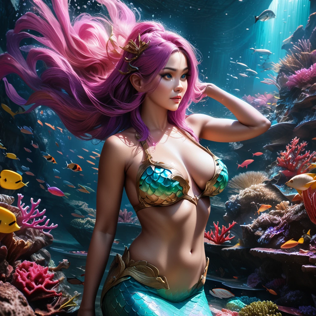 a beautiful mermaid princess, (malaysian, age 25, busty, broad hips, ornate hair, sea creature bikini, long colorful hair, big eyes), coral reef, sea creatures paying homage, (best quality,4k,8k,highres,masterpiece:1.2),ultra-detailed,(realistic,photorealistic,photo-realistic:1.37),highly detailed, intricate, vibrant colors, glowing bioluminescent lighting, underwater fantasy, cinematic lighting, dramatic composition