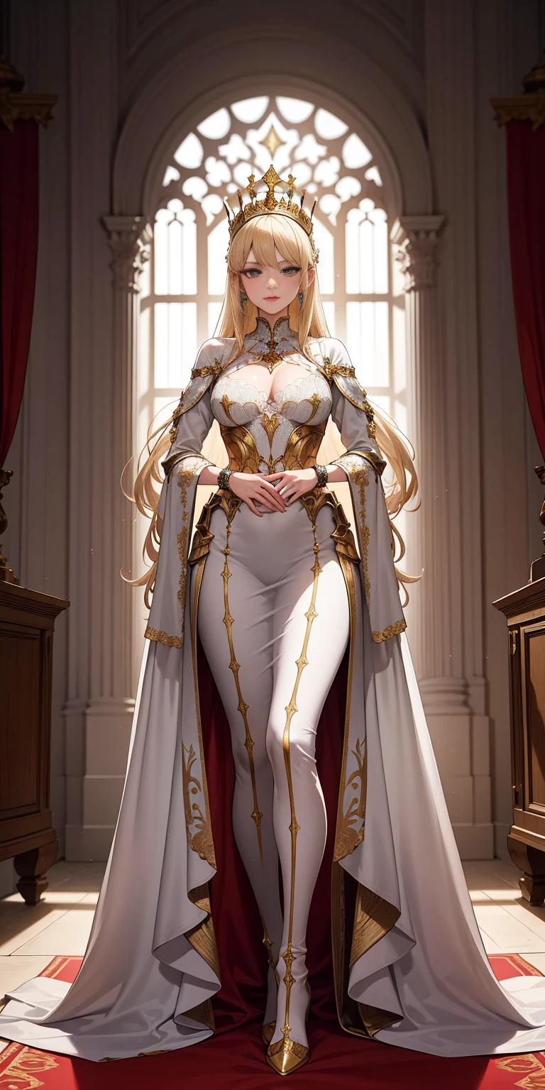 masterpiece, Best quality, ultra detailed, full length, 1 arrogant woman, queen, blonde hair, in royal women&#39;s steel plate armor with a pronounced chest and decorated with gold, standing in the throne room, fantasy world