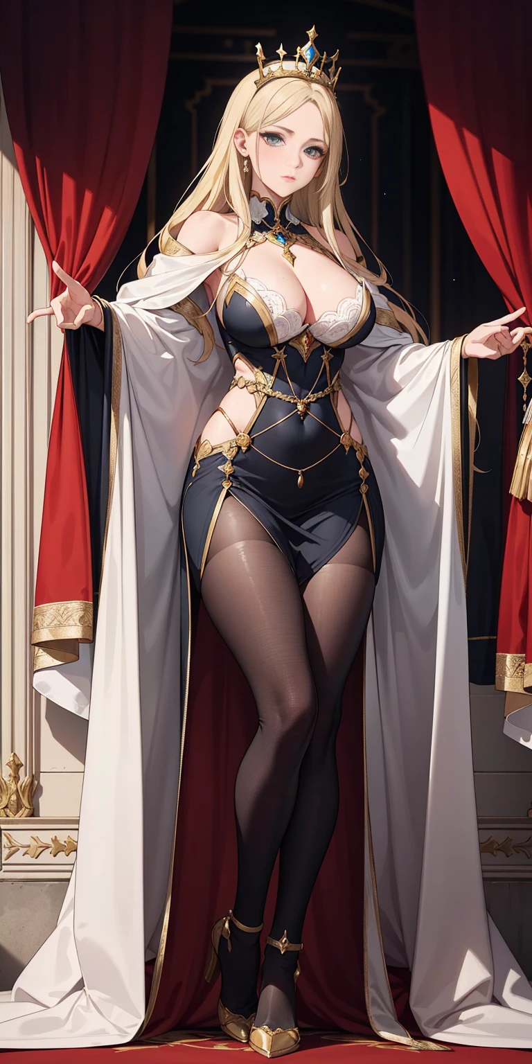 masterpiece, Best quality, ultra detailed, full length, 1 arrogant woman, queen, blonde hair, in royal women's steel plate armor with a pronounced chest and decorated with gold, standing in the throne room, fantasy world