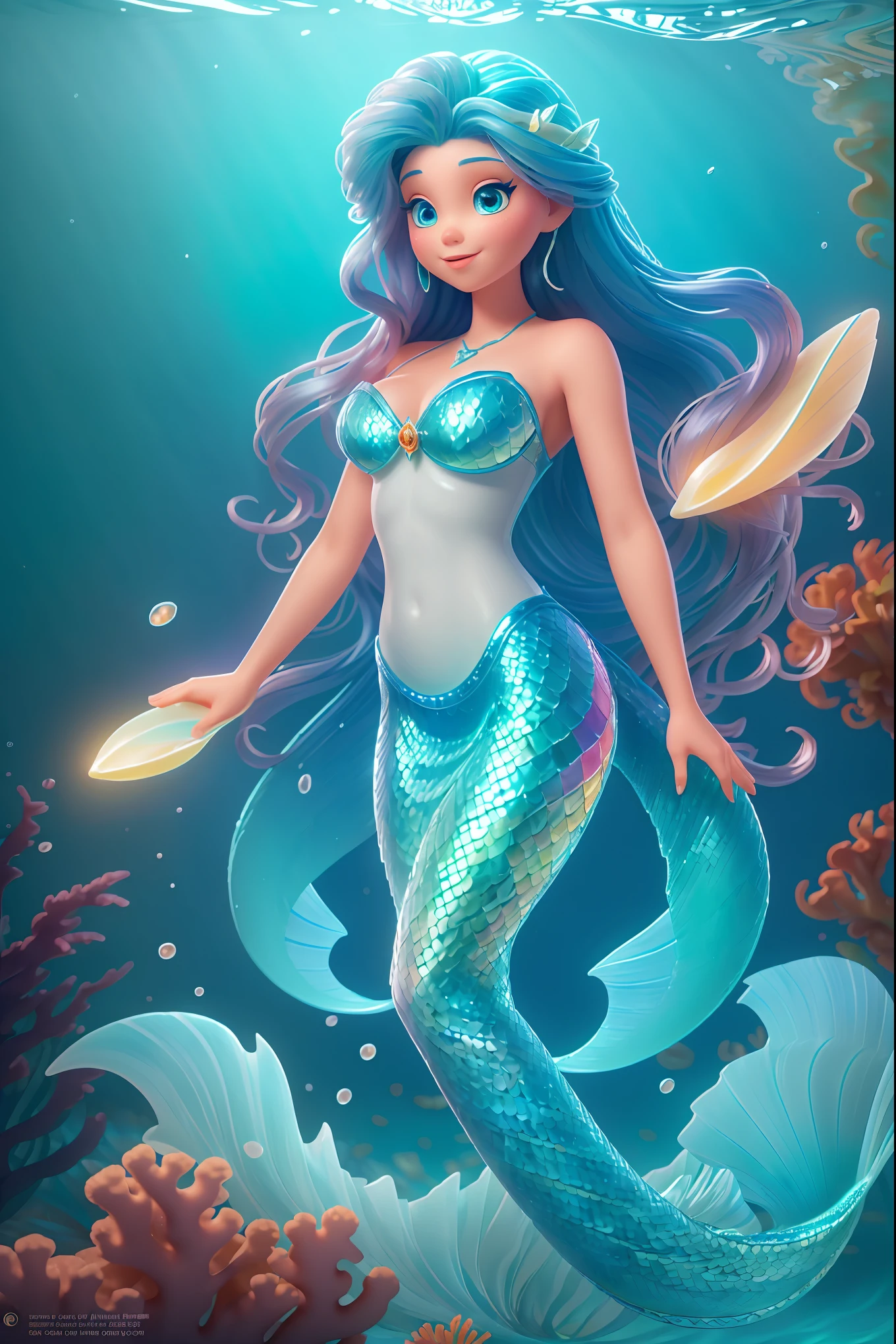 a mesmerizing mermaid with long blue hair, surrounded by the ocean, waves, coral reefs, creating a dreamy and aesthetic scene, detailed lighting effects, artistic feel, high quality artwork, ultra detailed, realistic, underwater fantasy, beautiful mermaid tail, ethereal atmosphere, vibrant colors, fantasy portrait, studio lighting.