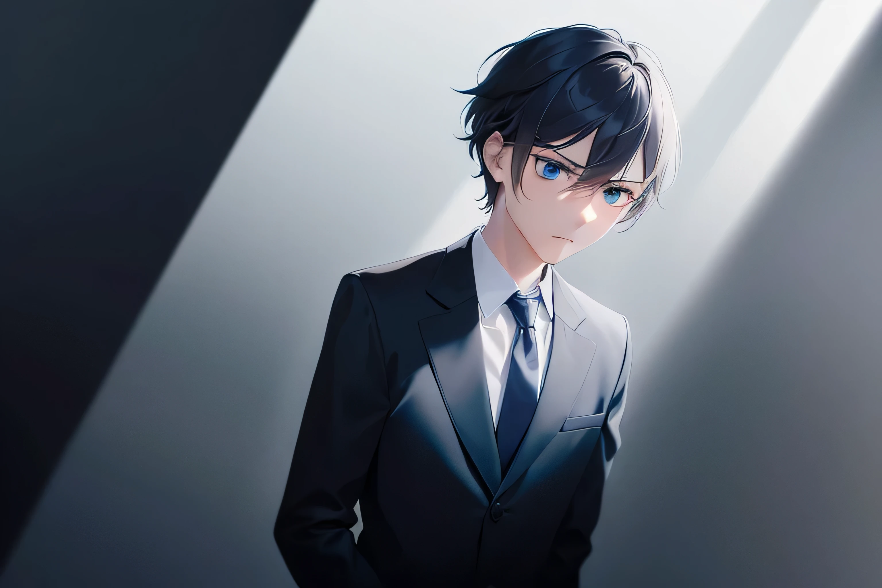 dutch angle, (looking away:2), masterpiece, high quality, 25-year-old man with short black hair and blue eyes, wearing a white shirt, wearing a dark blue tie, (Alone:2), (Expressionless:2), The background is a dark bedroom, bold composition, dark lighting, dim lighting, subject on left side of picture, subject looking to right of picture, hotel room, dark lighting, expressionless male, dark blue hue lighting