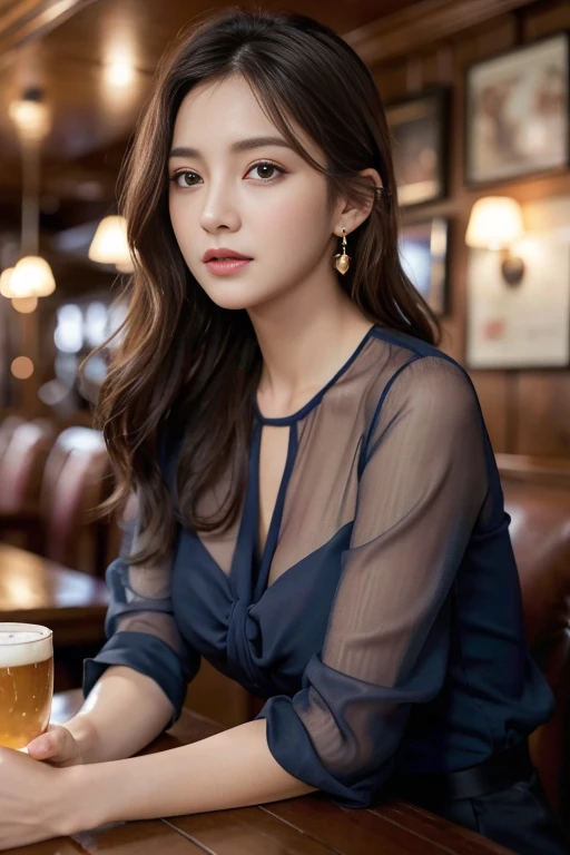 masterpiece, highest quality, Realistic, Very detailed, Finer details, High resolution, 8k wallpaper, One beautiful woman, Wear a navy blue see-through blouse, In a great pub, At night, Light brown messy hair, Perfect dynamic composition, Beautiful and beautiful eyes、Big earrings、Sitting in a chair、