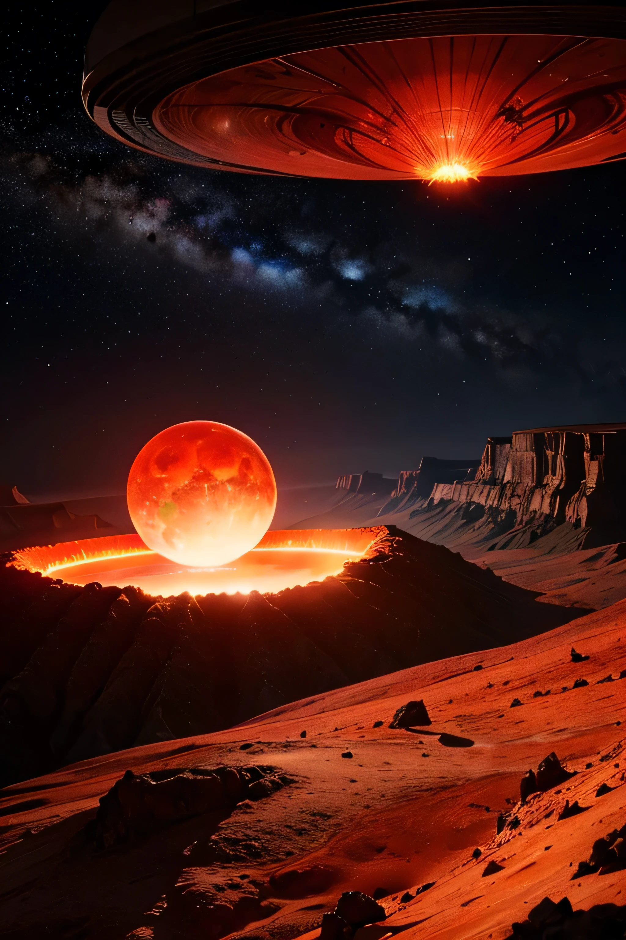 cybernetic earth with a red light inside, scientific earth crust, the earth sprouts lava, hollow earth, the planet is warm with canyons, earthy, the planet, volcanoes erupting, ring of fire, the stars and galaxy in the background