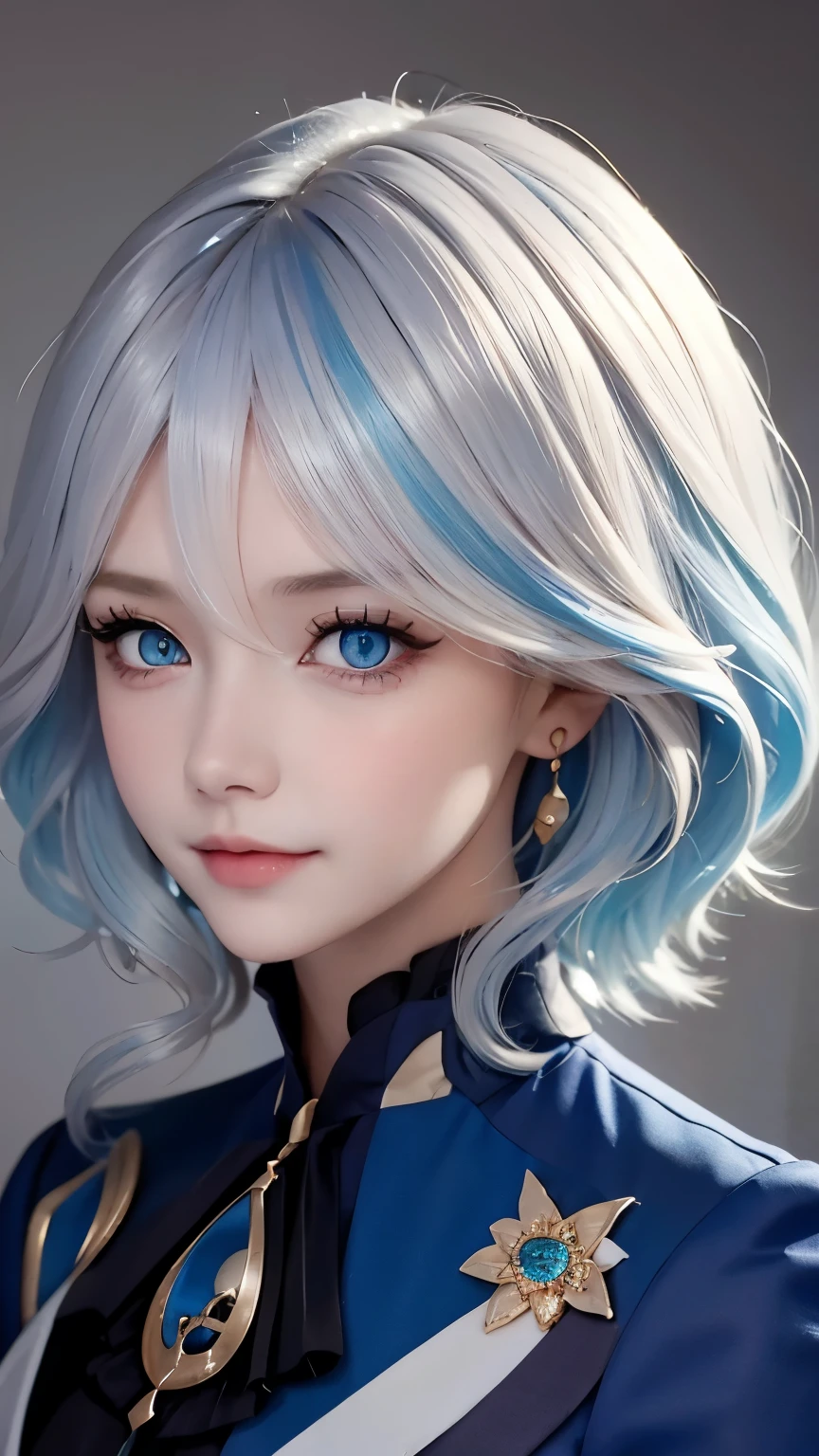 (lifelike:1.4), best quality, masterpiece, ultra high resolution, 1 girl, (Detailed face:1.2), (Delicate blue eyes:1.2), (Detailed blue hair:1.2), (Detailed clothes:1.2), 4K, (detailed color:1.2), Sky, cloud, earrings, facing right,