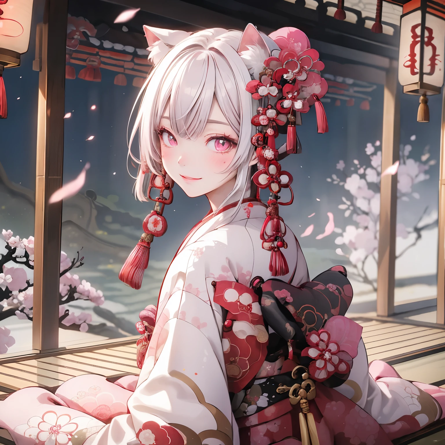 Cat ears with a pale pink ribbon、Pale pink hair、Pale pink eyes、Pale pink clothes、(Oiran:1.8)、dazzling、luxury、Kimono、quiet、Good quality、Demure、smile、Background: Kyoto scenery、Sit down and turn around