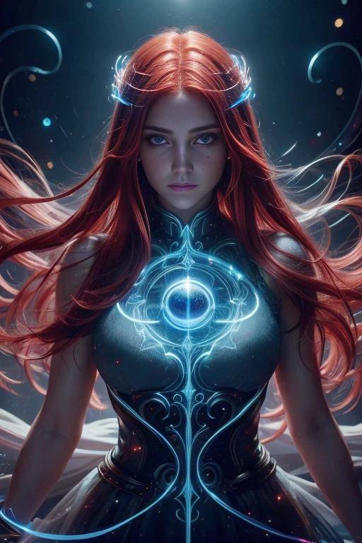 ((upper body)), best quality, masterpiece, a girl with ((Luminescence red hair)), ((detailed glowing blue eye)),perfect nose, large , high detailed goddess soul, focus on character, solo, (style swirl magic), solo, from front, front view, looking at viewer, detailed face, ((Luminescence Lighting Magic Circle theme)), perched on a ledge, tight neon body, light streaks, light magical wanderer abstract, ((Simple Luminescence Neon Gown)), inscribed with mystical runes, beautiful magical background,