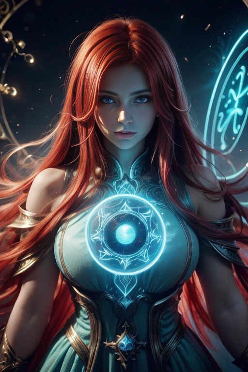 ((upper body)), best quality, masterpiece, a girl with ((Luminescence red hair)), ((detailed glowing blue eye)),perfect nose, large breast, high detailed goddess soul, focus on character, solo, (style swirl magic), solo, from front, front view, looking at viewer, detailed face, ((Luminescence Lighting Magic Circle theme)), perched on a ledge, tight neon body, light streaks, light magical wanderer abstract, ((Simple Luminescence Neon Gown)), inscribed with mystical runes, beautiful magical background,