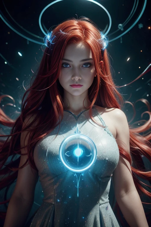 ((upper body)), best quality, masterpiece, a girl with ((Luminescence red hair)), ((detailed glowing blue eye)),perfect nose, large breast, high detailed goddess soul, focus on character, solo, (style swirl magic), solo, from front, front view, looking at viewer, detailed face, ((Luminescence Lighting Magic Circle theme)), perched on a ledge, tight neon body, light streaks, light magical wanderer abstract, ((Simple Luminescence Neon Gown)), inscribed with mystical runes, beautiful magical background,