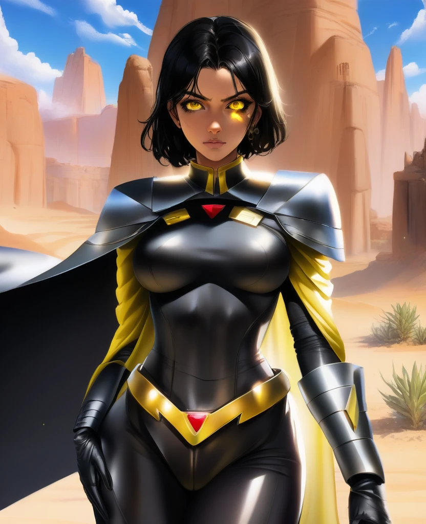 score_9,score_8_up,score_7_up,score_6_up,source_anime, 2d, Trilla,black hair, yellow eyes, black bodysuit, armor, cape, gloves, black pants, looking at viewer, serious, medium shot, standing, hands on hips, outside, desert, sunny,